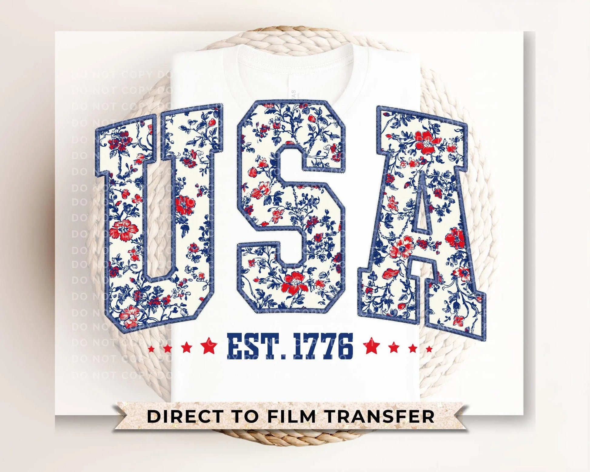 4th of July DTF Transfer, Ready to Press, T-shirt Transfer, Heat Transfer, Direct to Film, Memorial Day, Flowers, Faux Embroidery USA Floral