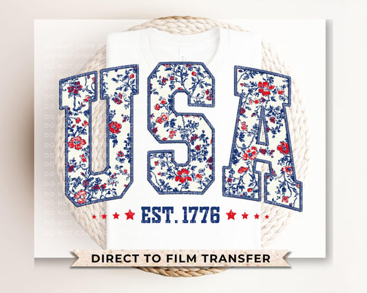 4th of July DTF Transfer, Ready to Press, T-shirt Transfer, Heat Transfer, Direct to Film, Memorial Day, Flowers, Faux Embroidery USA Floral