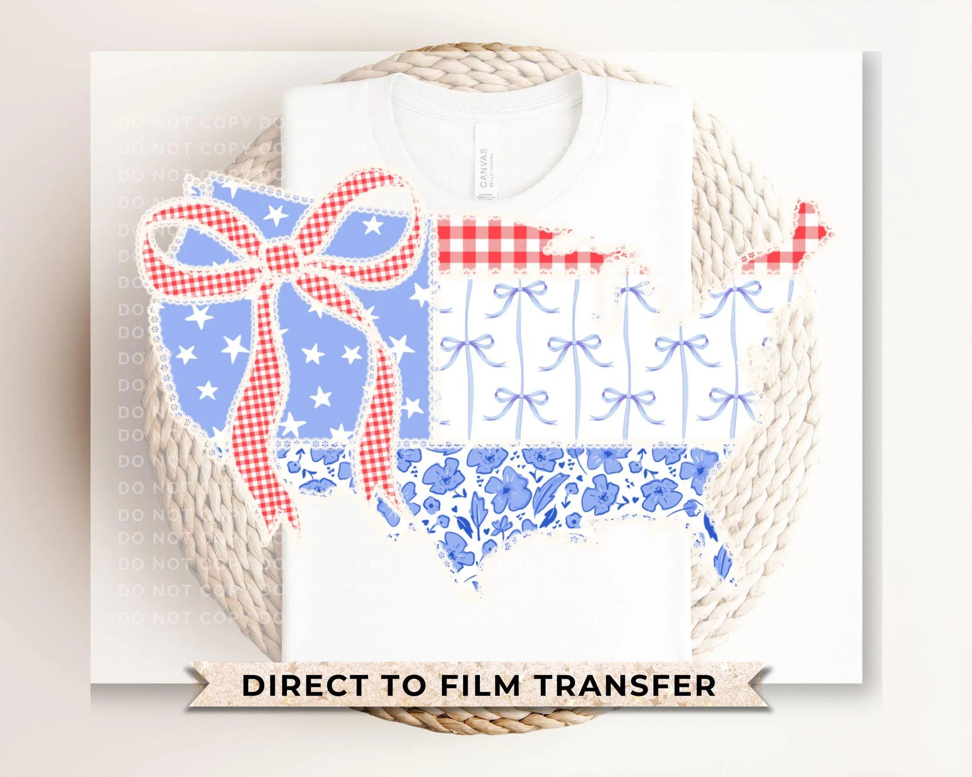 Coquette 4th of July DTF Transfers, Ready to Press, T-shirt Transfers, Heat Transfer, Direct to Film, USA, Ribbon, Bows, USA Quilted Map