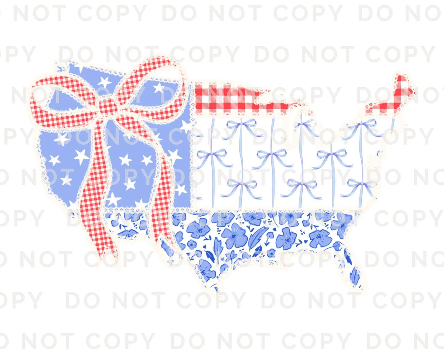 Coquette 4th of July DTF Transfers, Ready to Press, T-shirt Transfers, Heat Transfer, Direct to Film, USA, Ribbon, Bows, USA Quilted Map