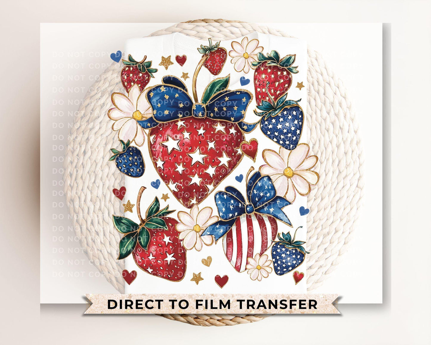 4th of July DTF Transfers, Ready to Press, T-shirt Transfers, Heat Transfer, Direct to Film, Memorial Day, Coquette, Patriotic Strawberries