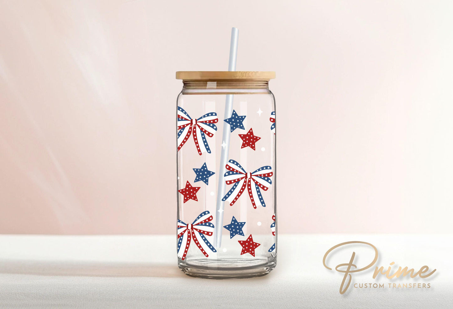 4th of July UV DTF Libbey 16oz Cup Wrap Sticker, Ready to Apply, No Heat, Permanent Adhesive, Waterproof, Glass Can, America, Coquette Bows