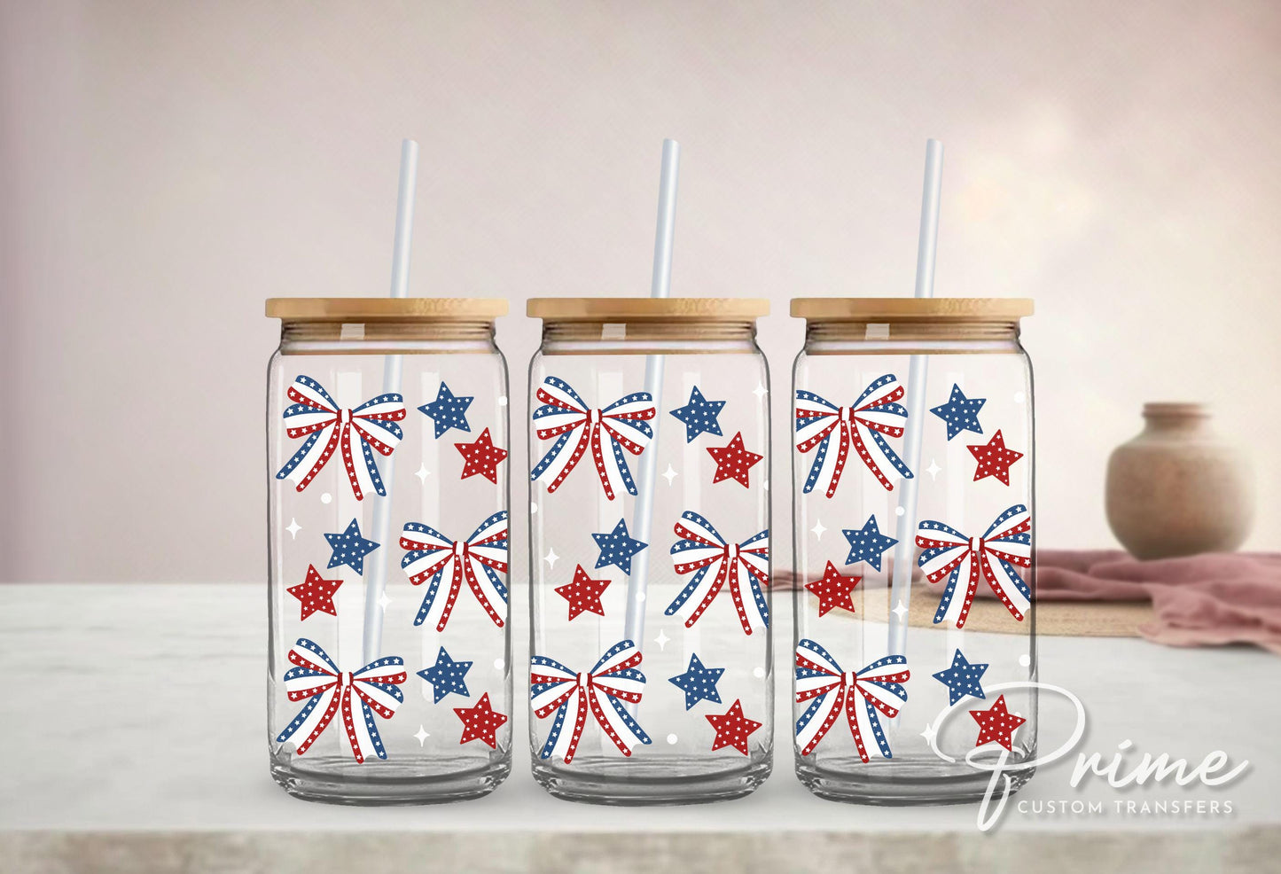 4th of July UV DTF Libbey 16oz Cup Wrap Sticker, Ready to Apply, No Heat, Permanent Adhesive, Waterproof, Glass Can, America, Coquette Bows