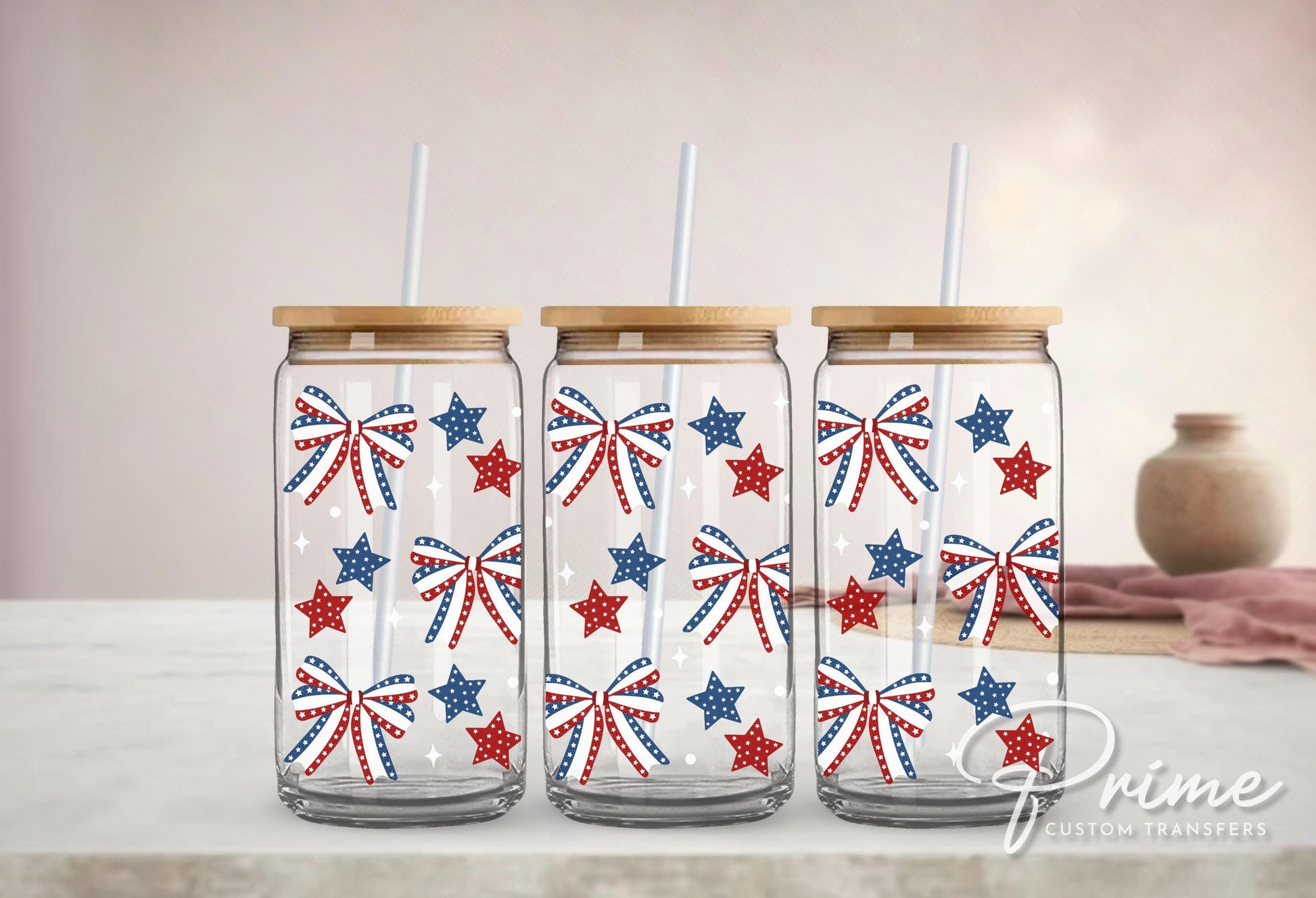 4th of July UV DTF Libbey 16oz Cup Wrap Sticker, Ready to Apply, No Heat, Permanent Adhesive, Waterproof, Glass Can, America, Coquette Bows