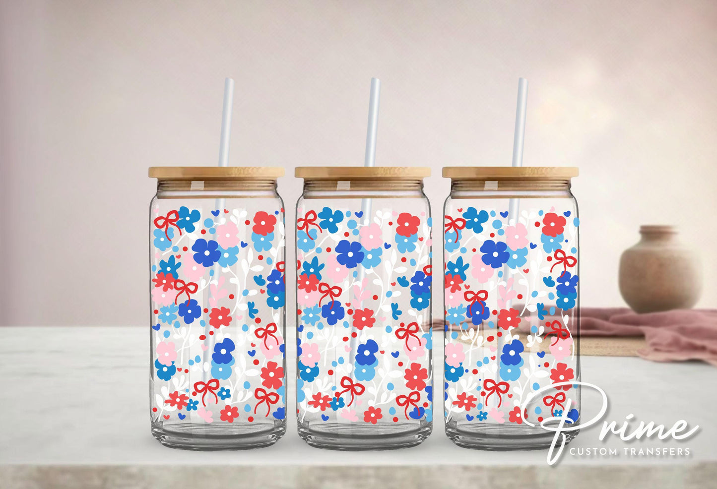 4th of July UV DTF Libbey 16oz Cup Wrap Sticker, Ready to Apply, No Heat, Permanent Adhesive, Waterproof, Glass Can, Coquette Floral Bows