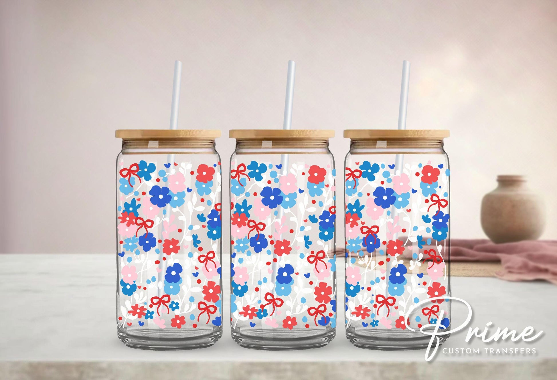 4th of July UV DTF Libbey 16oz Cup Wrap Sticker, Ready to Apply, No Heat, Permanent Adhesive, Waterproof, Glass Can, Coquette Floral Bows