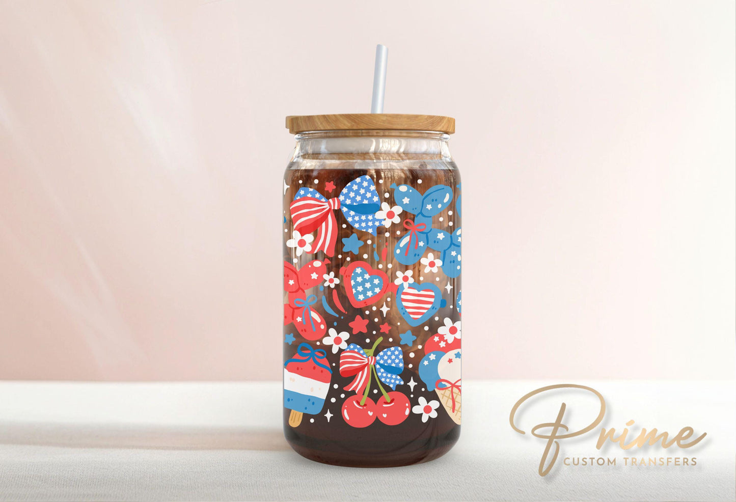 4th of July UV DTF Libbey 16oz Cup Wrap Sticker, Ready to Apply, No Heat, Permanent Adhesive, Waterproof, Glass Can, USA, Coquette Balloons