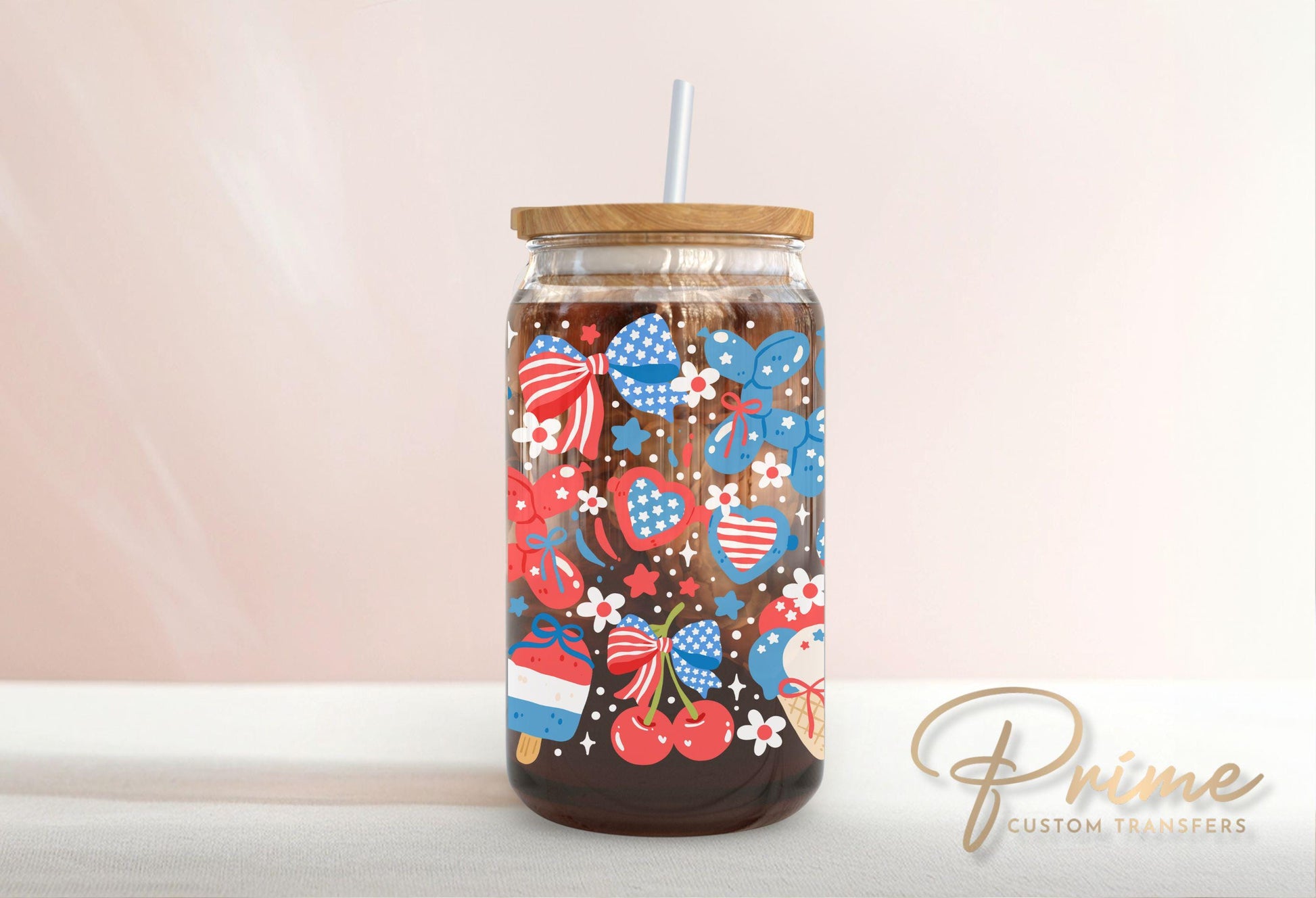 4th of July UV DTF Libbey 16oz Cup Wrap Sticker, Ready to Apply, No Heat, Permanent Adhesive, Waterproof, Glass Can, USA, Coquette Balloons