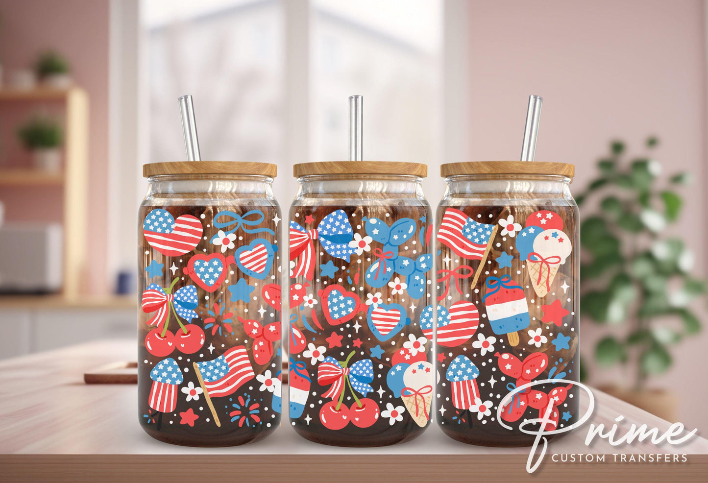 4th of July UV DTF Libbey 16oz Cup Wrap Sticker, Ready to Apply, No Heat, Permanent Adhesive, Waterproof, Glass Can, USA, Coquette Balloons