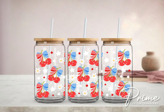 4th of July UV DTF Libbey 16oz Cup Wrap Sticker, Ready to Apply, No Heat, Permanent Adhesive, Waterproof, Glass Can, USA, Coquette Cherries