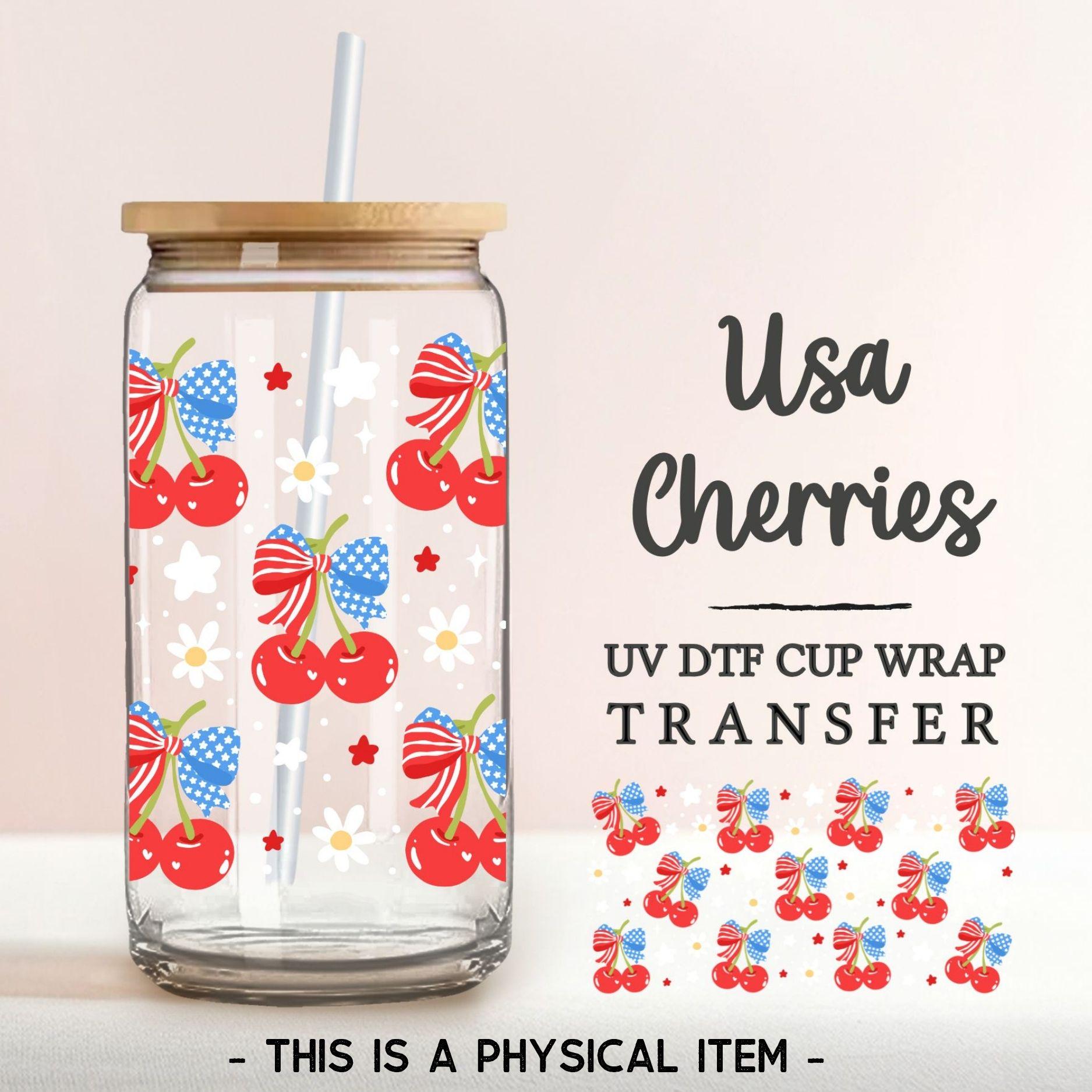4th of July UV DTF Libbey 16oz Cup Wrap Sticker, Ready to Apply, No Heat, Permanent Adhesive, Waterproof, Glass Can, USA, Coquette Cherries