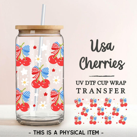 4th of July UV DTF Libbey 16oz Cup Wrap Sticker, Ready to Apply, No Heat, Permanent Adhesive, Waterproof, Glass Can, USA, Coquette Cherries