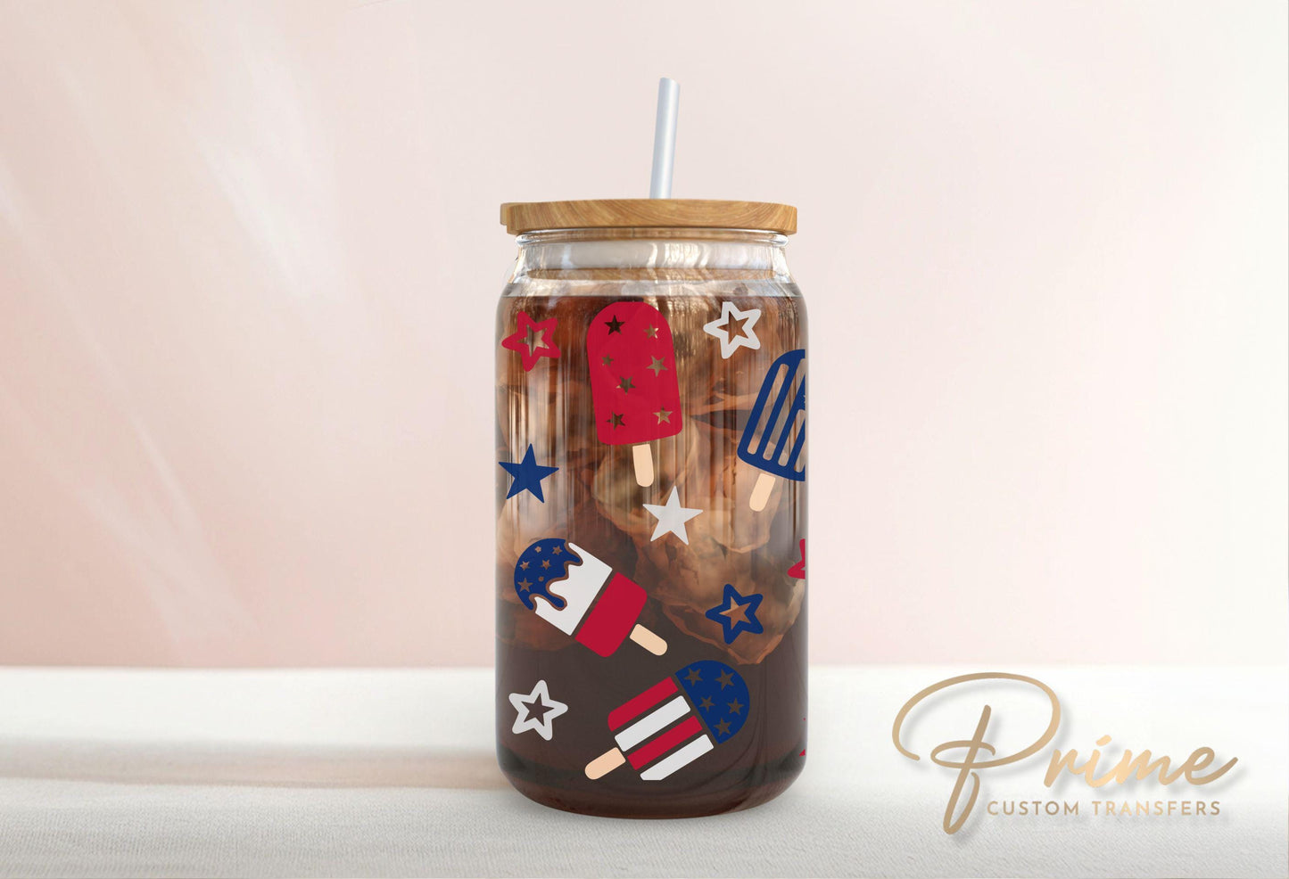 4th of July UV DTF Libbey 16oz Cup Wrap Sticker, Ready to Apply, No Heat, Permanent Adhesive, Waterproof, Glass Can, USA, Coquette Popsicles