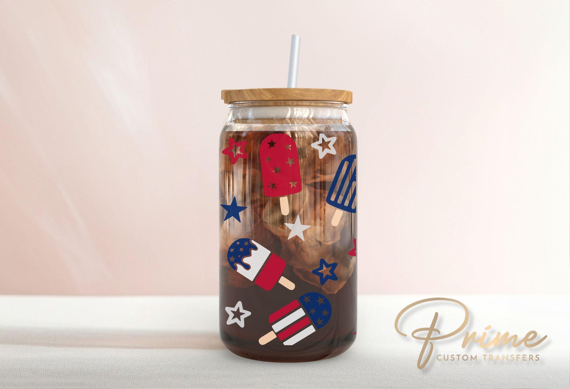 4th of July UV DTF Libbey 16oz Cup Wrap Sticker, Ready to Apply, No Heat, Permanent Adhesive, Waterproof, Glass Can, USA, Coquette Popsicles