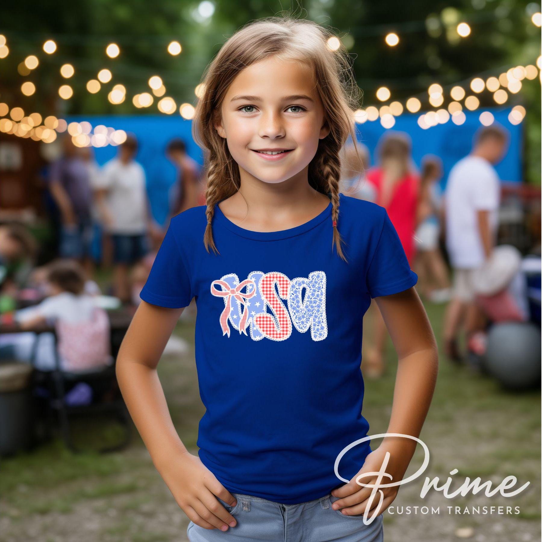 4th of July DTF Transfer, Ready to Press, T-shirt Transfers, Heat Transfer, Direct to Film, USA, Ribbon, Bows, USA, Coquette Faux Lace