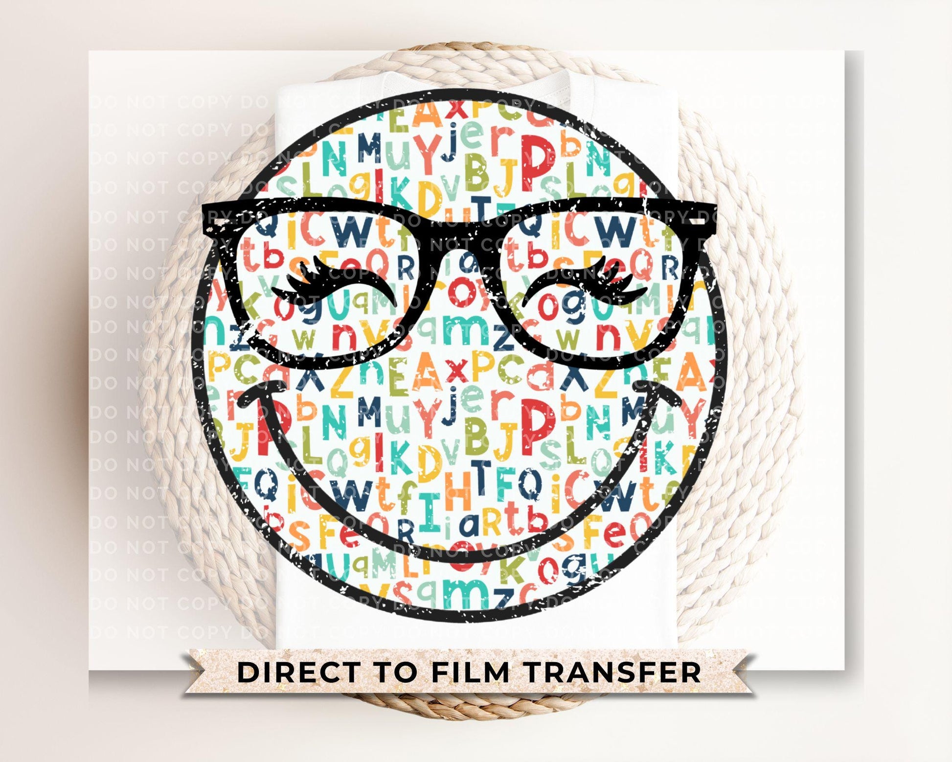 Teacher DTF Transfer, Ready to Press, T-shirt Transfer, Heat Transfer, Direct to Film, ABC, Glasses, Preschool, Cute, Eyelashes, Happy Face