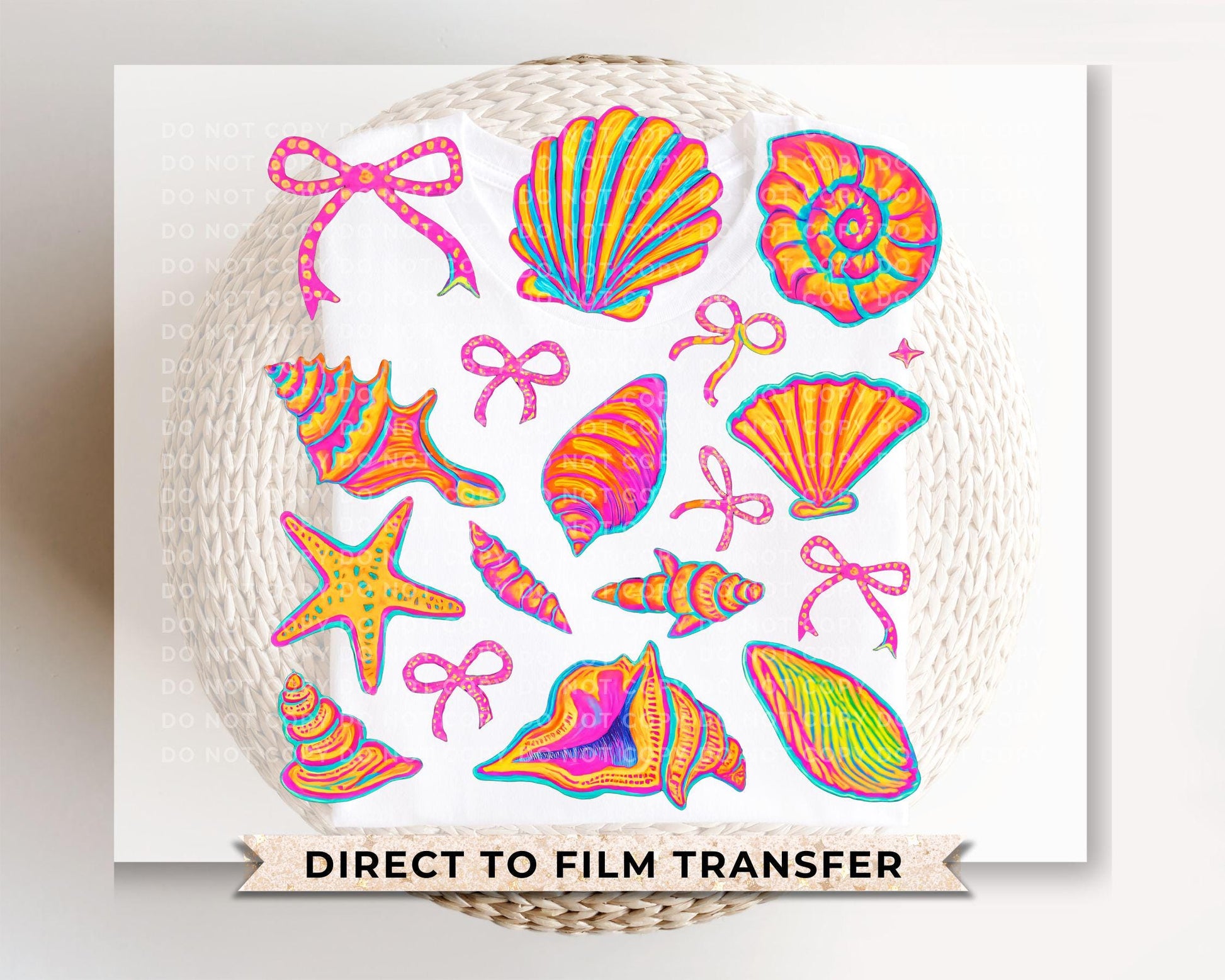 Coquette Seashells DTF Transfer, Ready to Press, T-shirt Transfer, Heat Transfer, Direct to Film, Bright Beach Shirt, Brushstroke, Costal