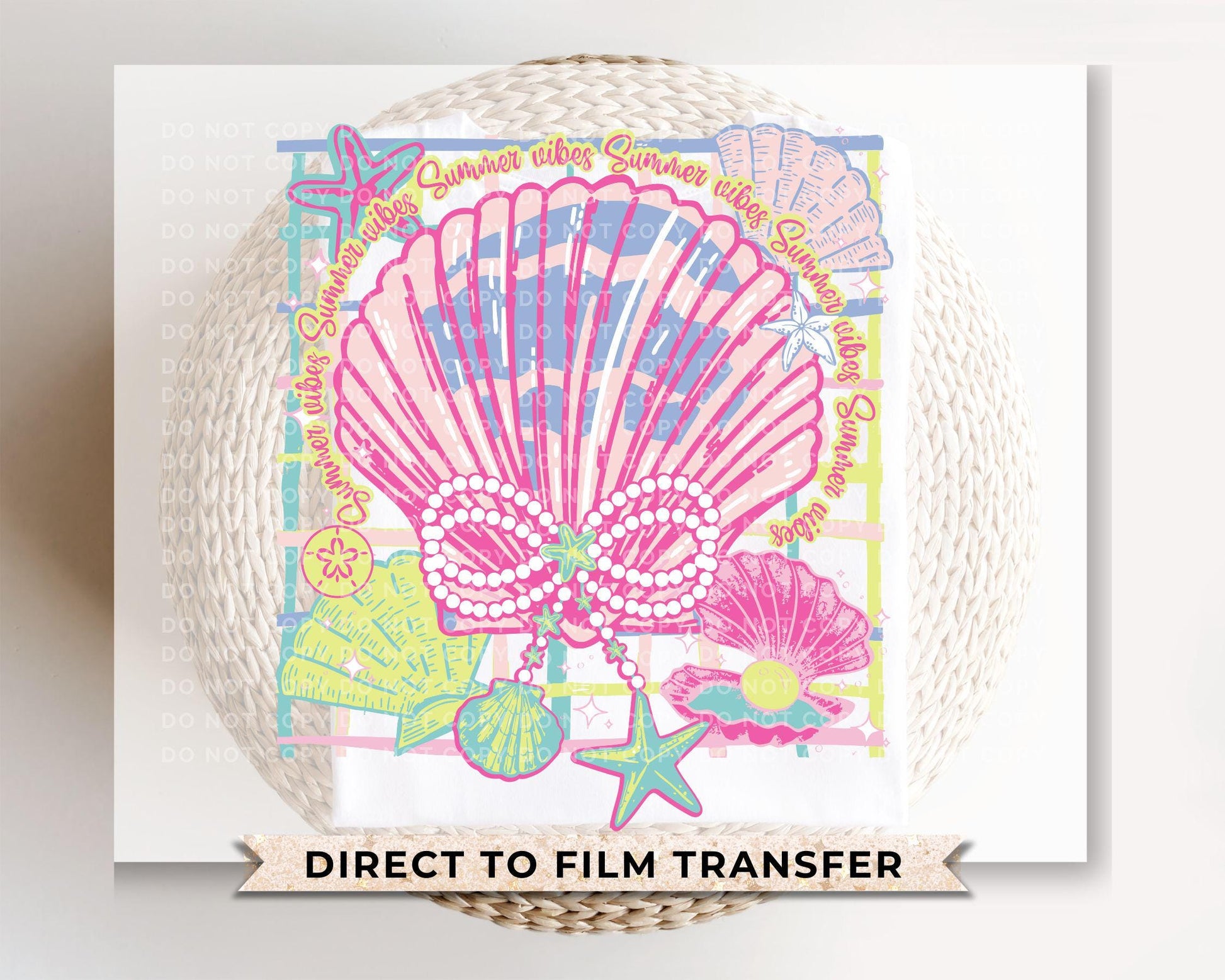 Coquette Seashell DTF Transfer, Ready to Press, T-shirt Transfer, Heat Transfer, Direct to Film, Bow, Neon Pink Clam, Pearl, Vacation, Beach