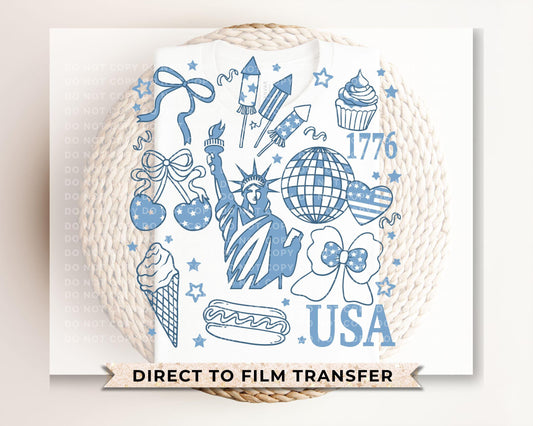 4th of July DTF Transfer, Ready to Press, Sublimation T-shirt Transfer, Direct to Film, Memorial Day, America, Bows, Blue Coquette Collage