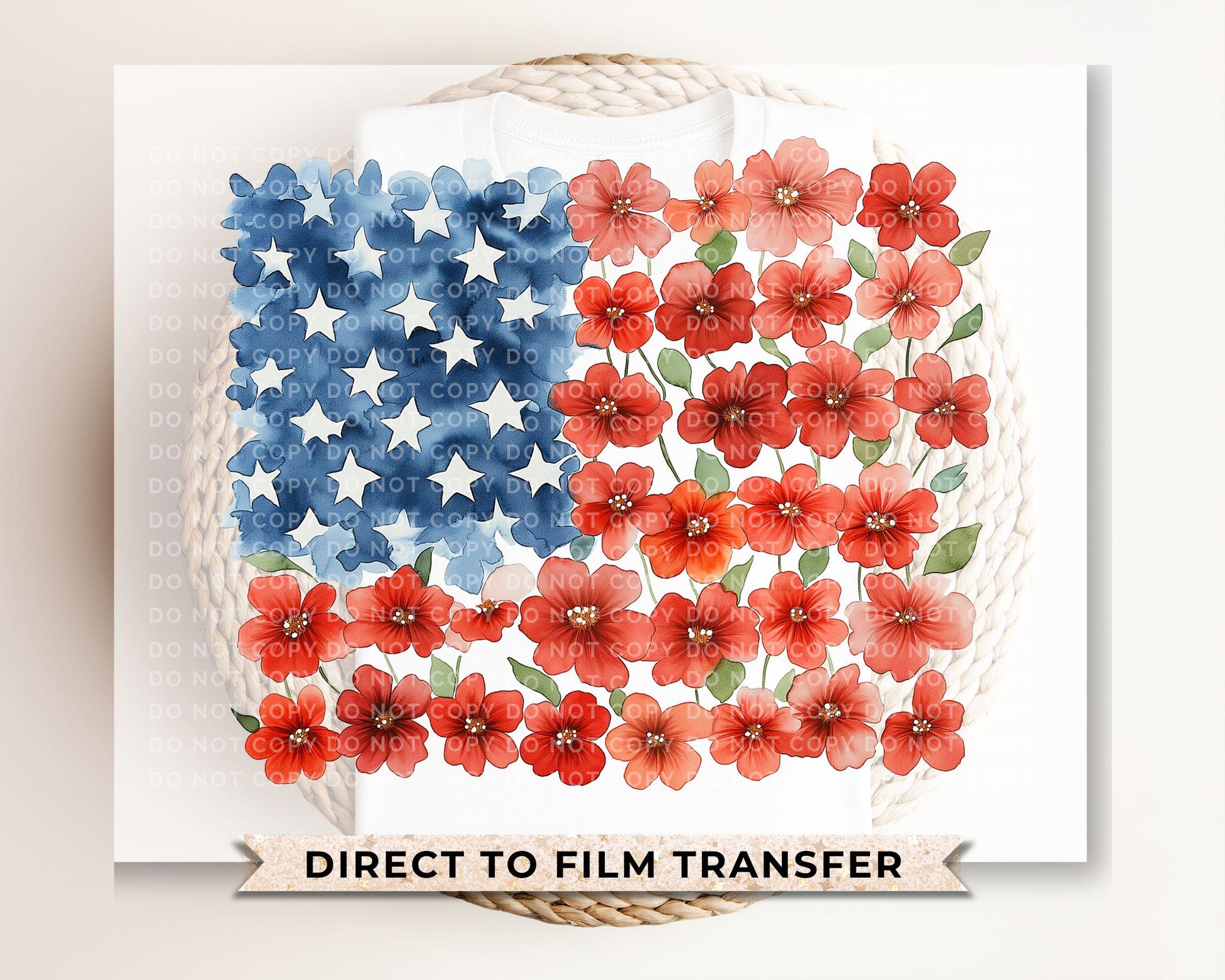 4th of July DTF Transfer, Ready to Press, T-shirt Transfer, Heat Transfer, Direct to Film, Sublimation, Flower Brushstroke American Flag