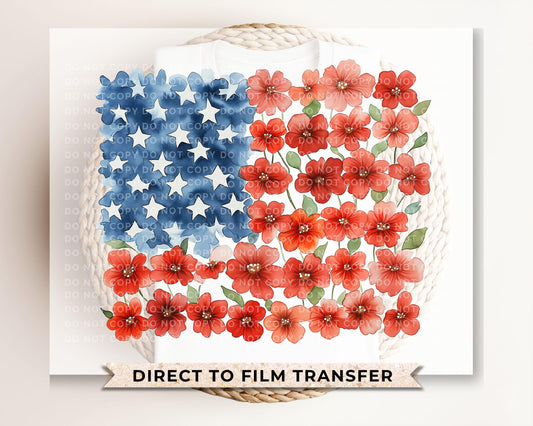 4th of July DTF Transfer, Ready to Press, T-shirt Transfer, Heat Transfer, Direct to Film, Sublimation, Flower Brushstroke American Flag