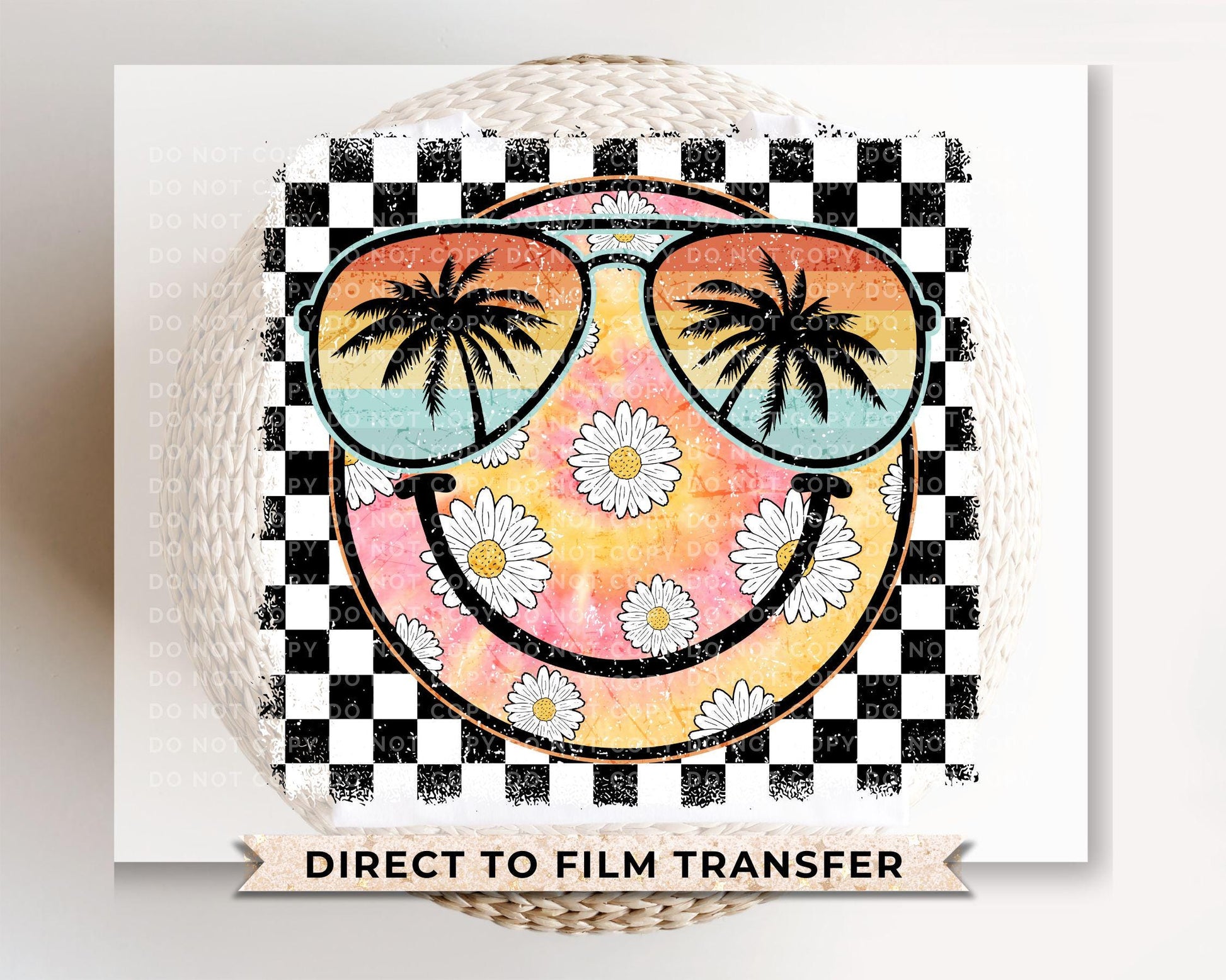 Summer DTF Transfers, Ready to Press, T-shirt Transfers, Heat Transfer, Direct to Film, Beach, Tye Dye, Vacation, Checkered Daisies Smile