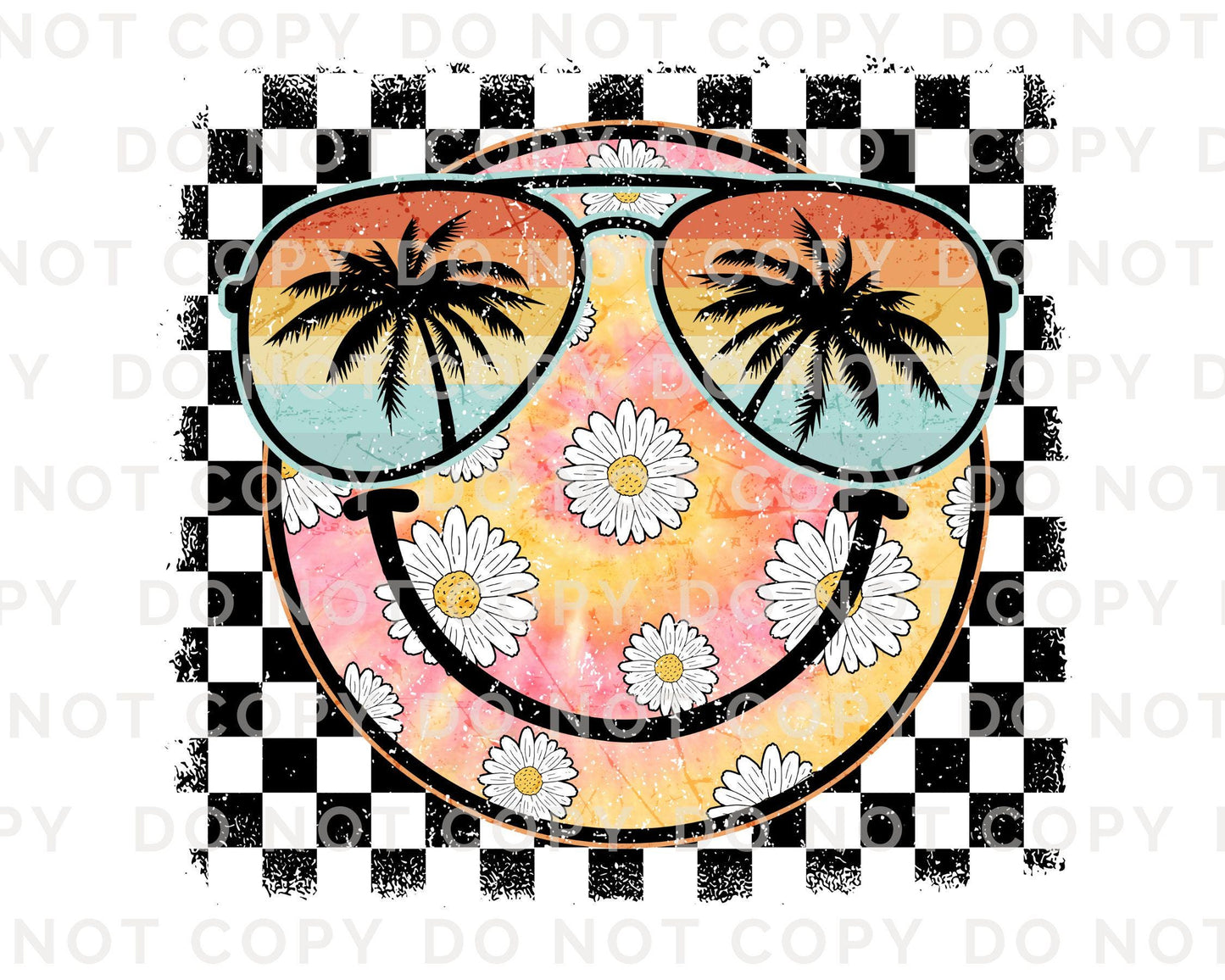 Summer DTF Transfers, Ready to Press, T-shirt Transfers, Heat Transfer, Direct to Film, Beach, Tye Dye, Vacation, Checkered Daisies Smile