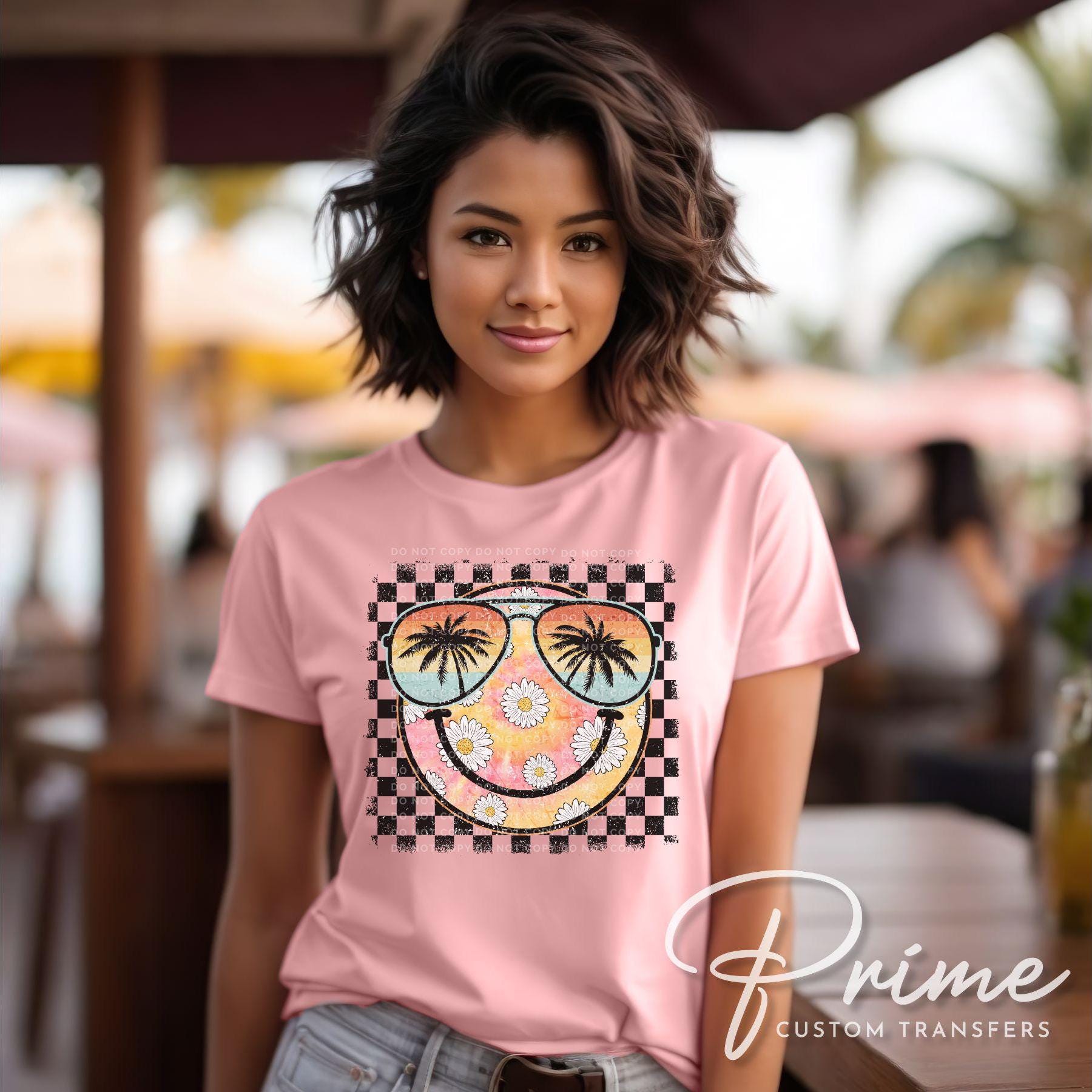 Summer DTF Transfers, Ready to Press, T-shirt Transfers, Heat Transfer, Direct to Film, Beach, Tye Dye, Vacation, Checkered Daisies Smile