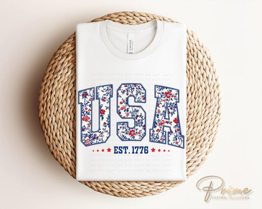 4th of July DTF Transfer, Ready to Press, T-shirt Transfer, Heat Transfer, Direct to Film, Memorial Day, Flowers, Faux Embroidery USA Floral