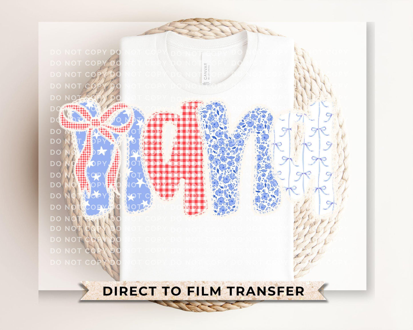 4th of July DTF Transfer, Ready to Press, T-shirt Transfers, Sublimation, Direct to Film, USA, Ribbon, Bows, USA, Coquette Faux Lace Nana