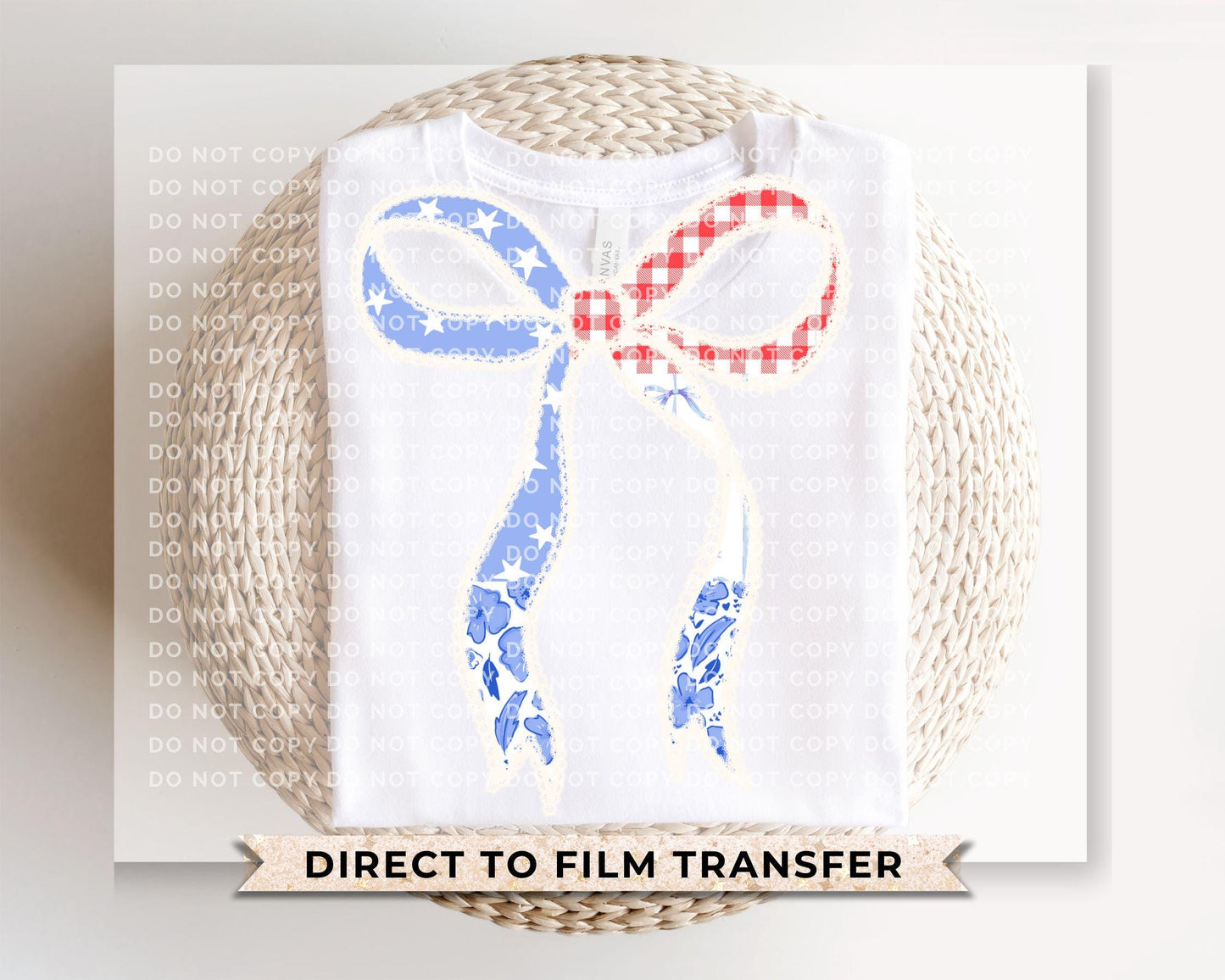 4th of July DTF Transfers, Ready to Press, T-shirt Transfers, Heat Transfer, Direct to Film, USA, Ribbon, Faux Lace Coquette Bow
