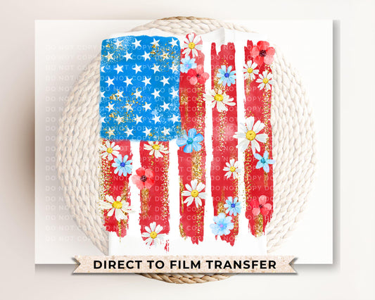 4th of July DTF Transfer, Ready to Press, T-shirt Transfer, Heat Transfer, Direct to Film, Memorial Day, Flowers, Floral American Flag
