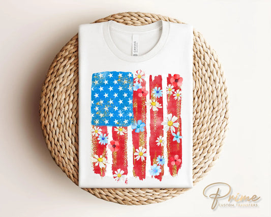 4th of July DTF Transfer, Ready to Press, T-shirt Transfer, Heat Transfer, Direct to Film, Memorial Day, Flowers, Floral American Flag
