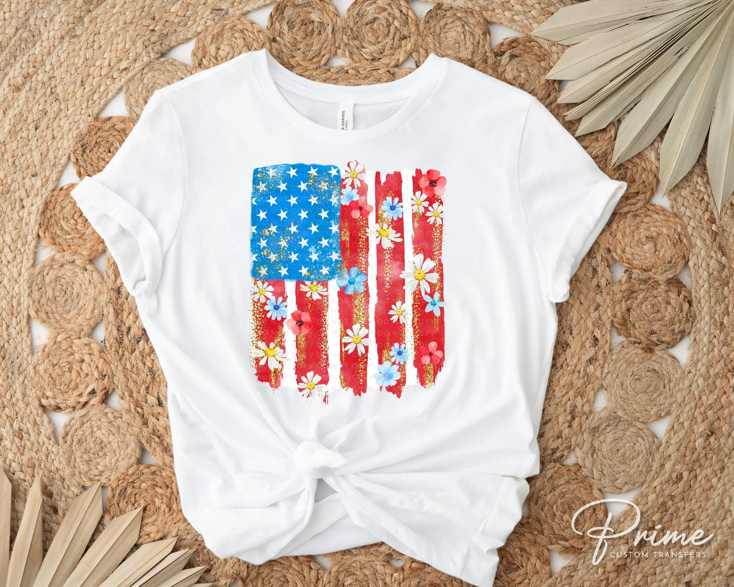 4th of July DTF Transfer, Ready to Press, T-shirt Transfer, Heat Transfer, Direct to Film, Memorial Day, Flowers, Floral American Flag