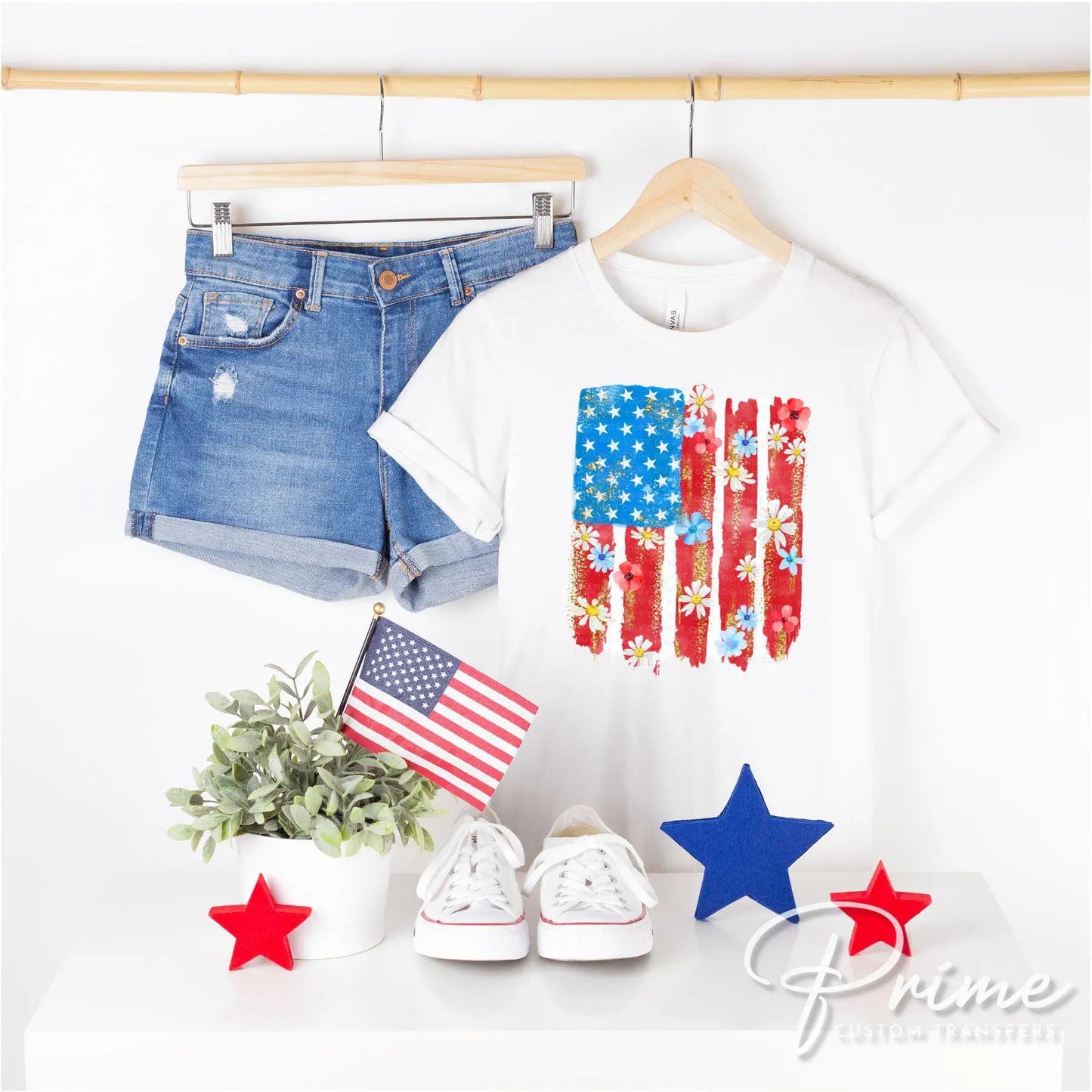 4th of July DTF Transfer, Ready to Press, T-shirt Transfer, Heat Transfer, Direct to Film, Memorial Day, Flowers, Floral American Flag