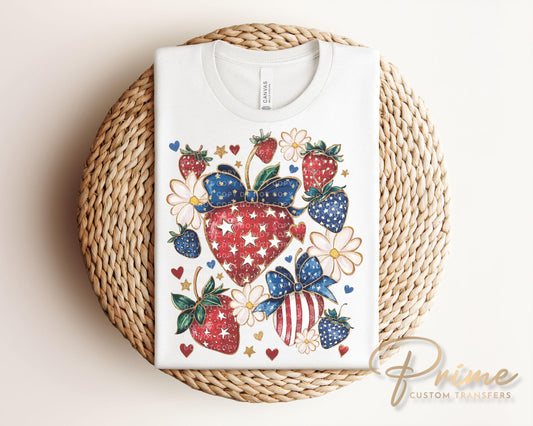 4th of July DTF Transfers, Ready to Press, T-shirt Transfers, Heat Transfer, Direct to Film, Memorial Day, Coquette, Patriotic Strawberries