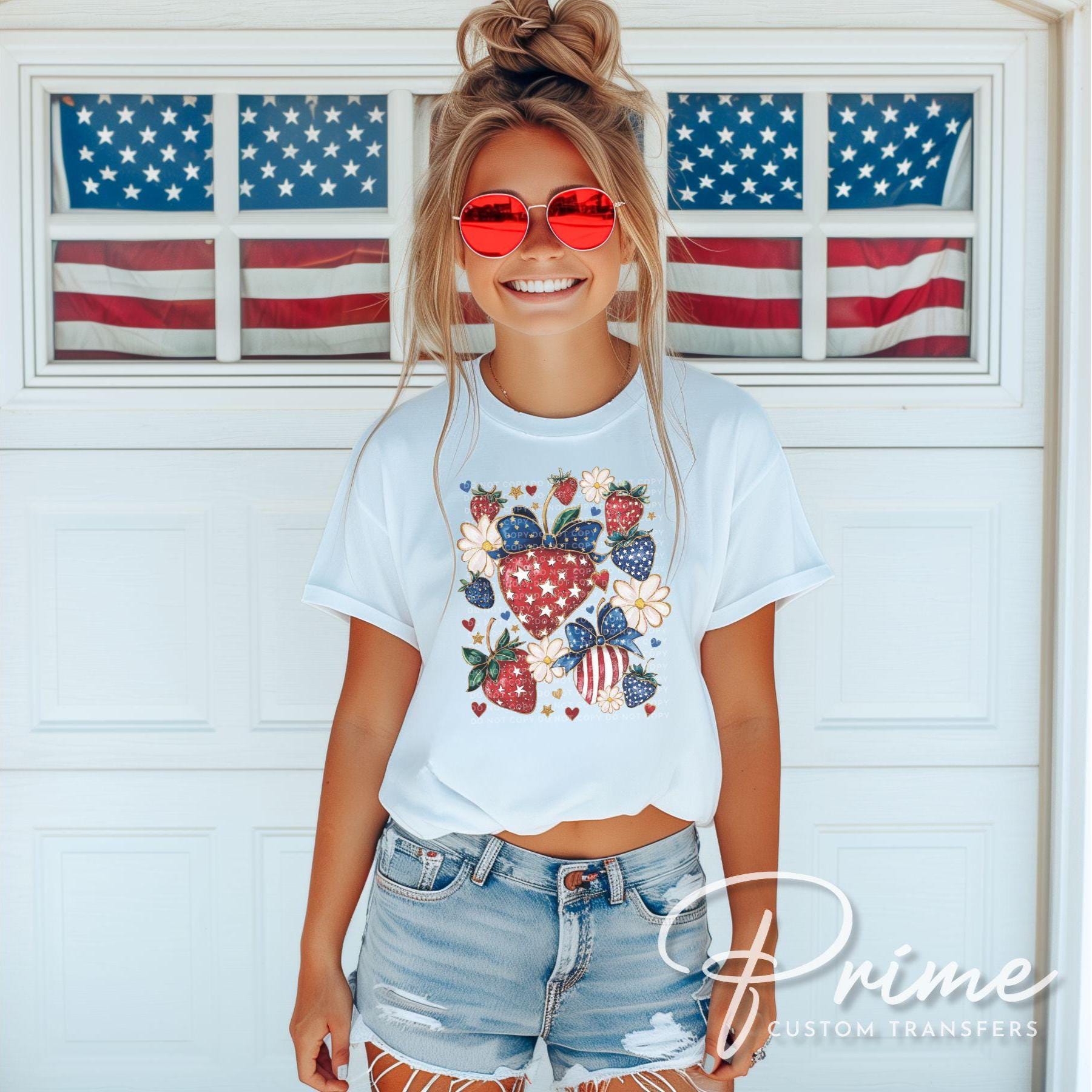 4th of July DTF Transfers, Ready to Press, T-shirt Transfers, Heat Transfer, Direct to Film, Memorial Day, Coquette, Patriotic Strawberries