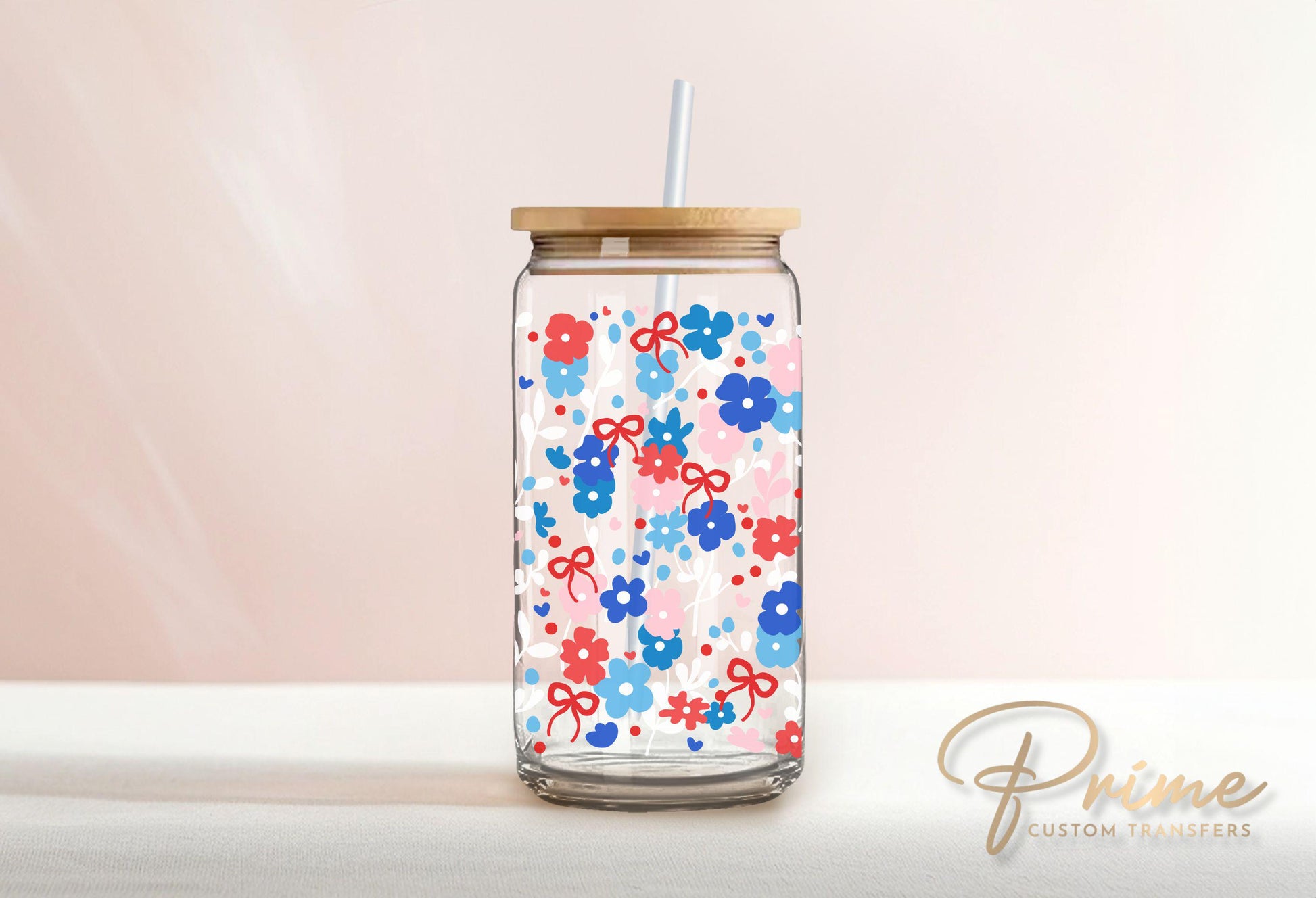 4th of July UV DTF Libbey 16oz Cup Wrap Sticker, Ready to Apply, No Heat, Permanent Adhesive, Waterproof, Glass Can, Coquette Floral Bows