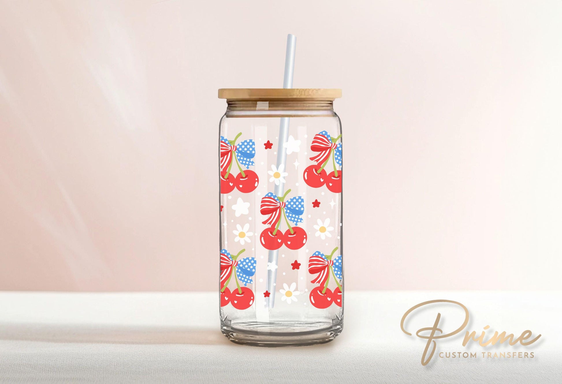 4th of July UV DTF Libbey 16oz Cup Wrap Sticker, Ready to Apply, No Heat, Permanent Adhesive, Waterproof, Glass Can, USA, Coquette Cherries