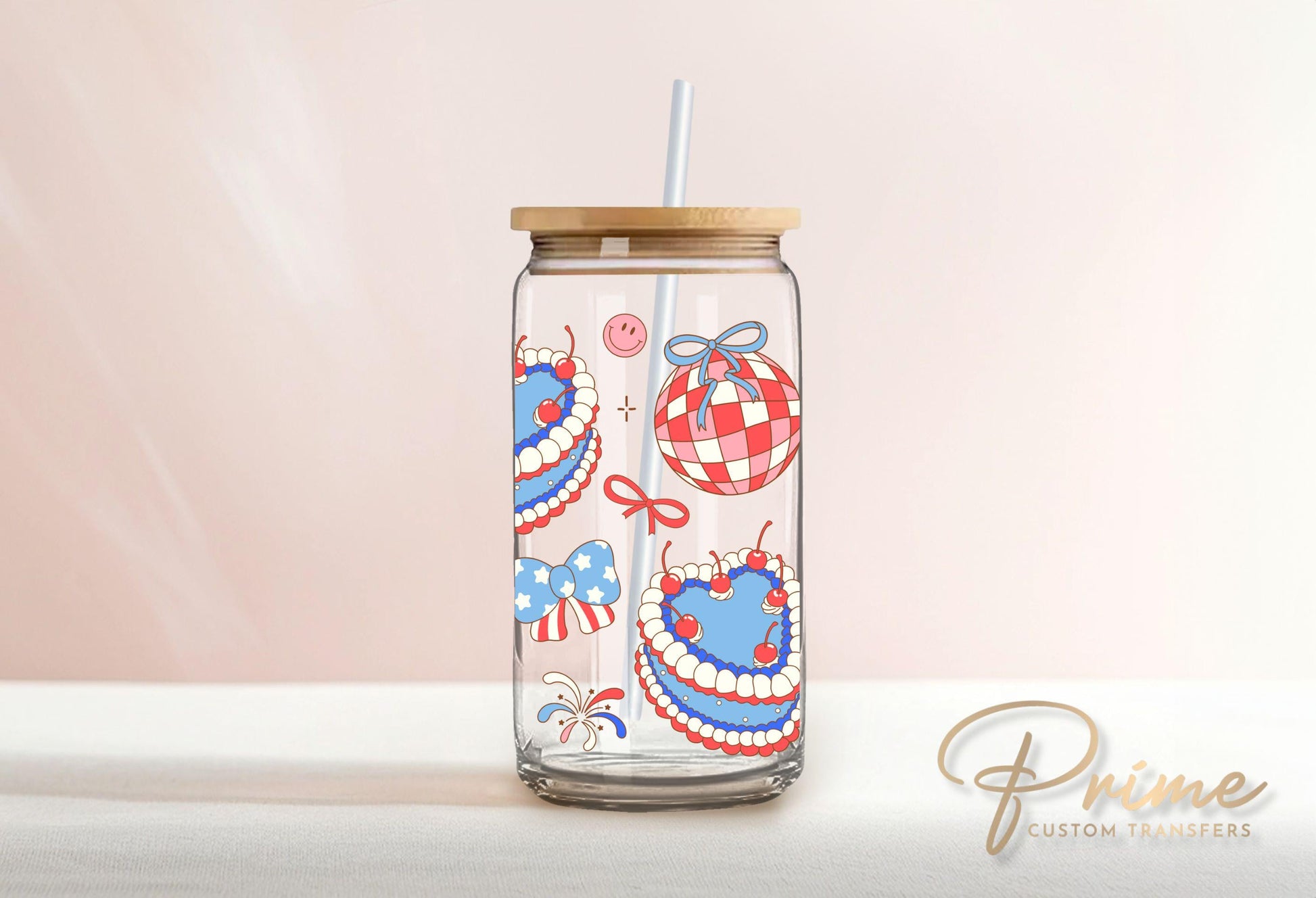 4th of July UV DTF Libbey 16oz Cup Wrap Sticker, Ready to Apply, No Heat, Permanent Adhesive, Waterproof, Glass Can, Coquette Disco Cakes
