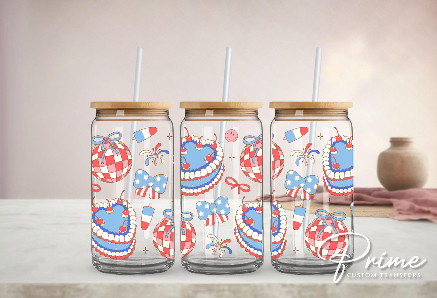 4th of July UV DTF Libbey 16oz Cup Wrap Sticker, Ready to Apply, No Heat, Permanent Adhesive, Waterproof, Glass Can, Coquette Disco Cakes