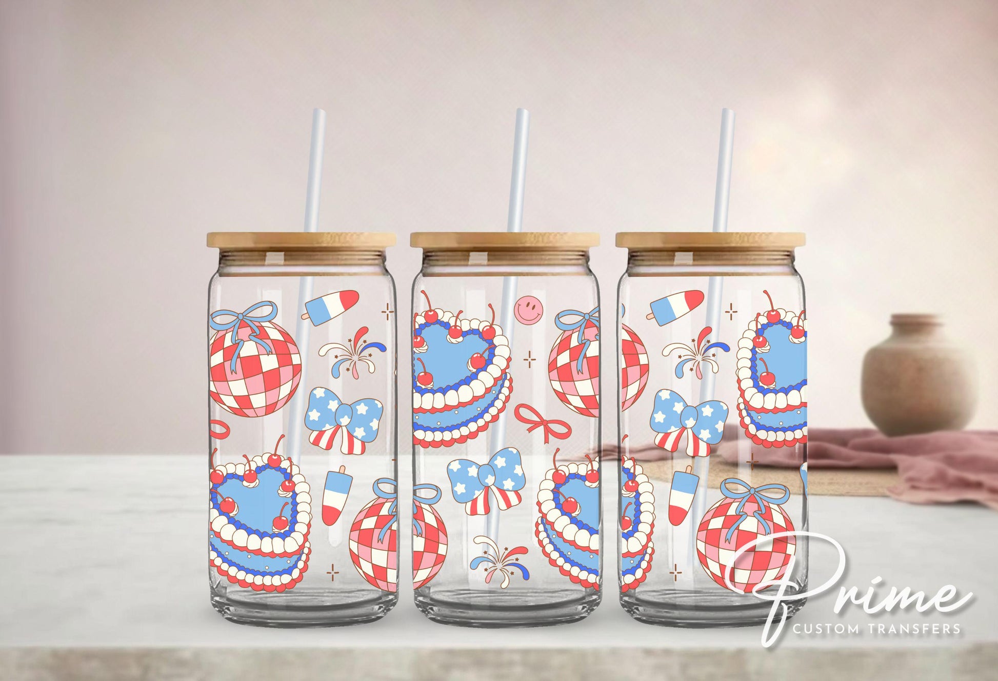 4th of July UV DTF Libbey 16oz Cup Wrap Sticker, Ready to Apply, No Heat, Permanent Adhesive, Waterproof, Glass Can, Coquette Disco Cakes