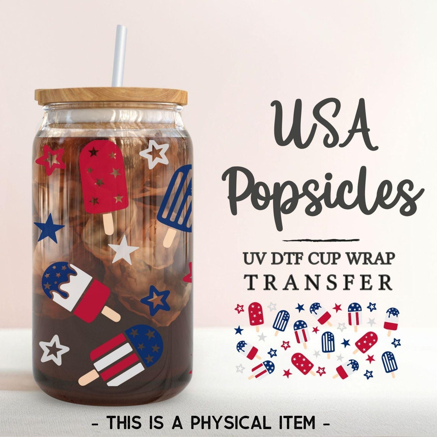 4th of July UV DTF Libbey 16oz Cup Wrap Sticker, Ready to Apply, No Heat, Permanent Adhesive, Waterproof, Glass Can, USA, Coquette Popsicles