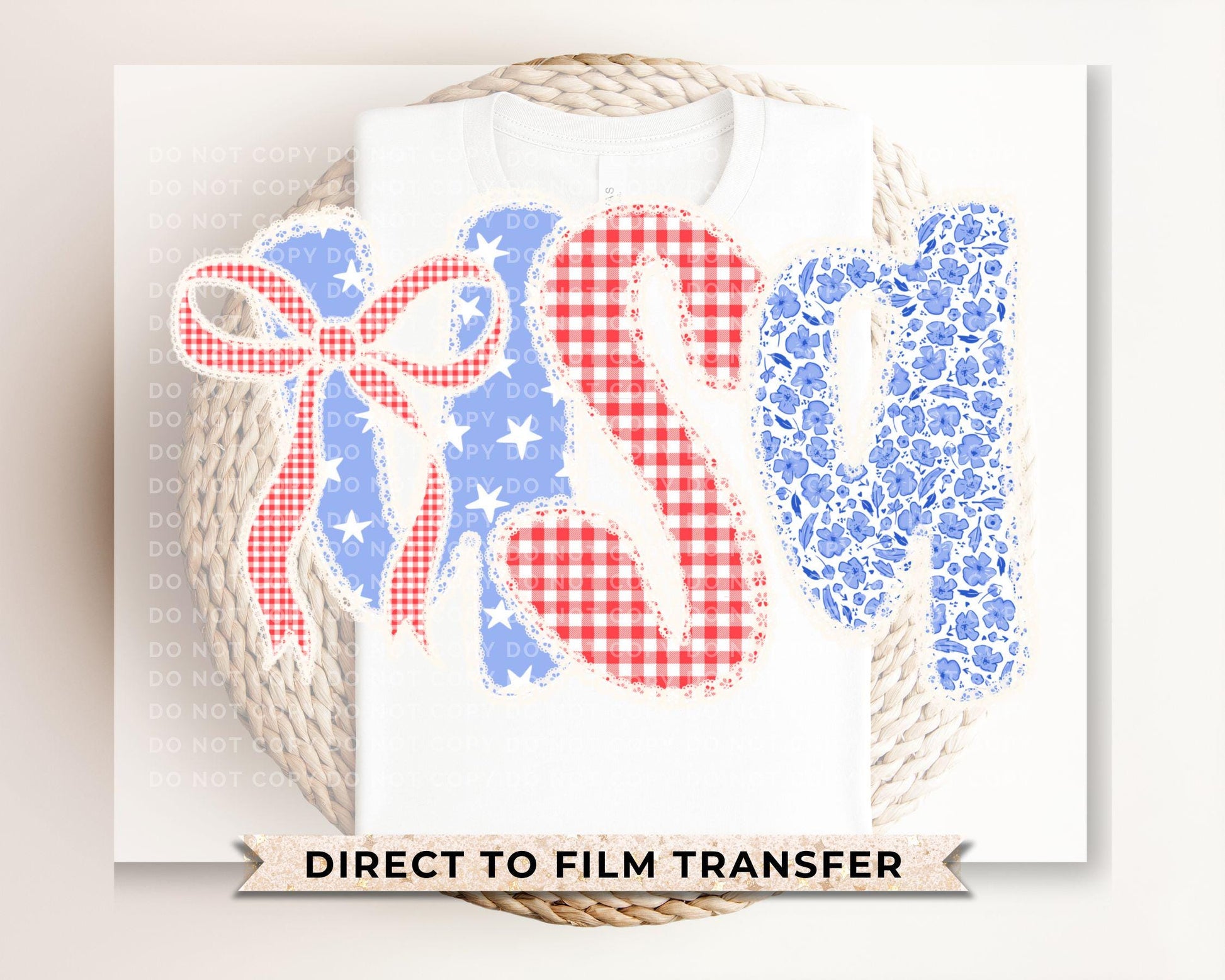 4th of July DTF Transfer, Ready to Press, T-shirt Transfers, Heat Transfer, Direct to Film, USA, Ribbon, Bows, USA, Coquette Faux Lace