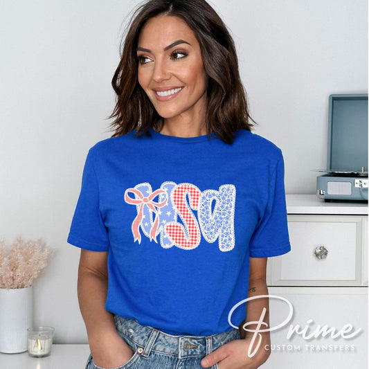 4th of July DTF Transfer, Ready to Press, T-shirt Transfers, Heat Transfer, Direct to Film, USA, Ribbon, Bows, USA, Coquette Faux Lace
