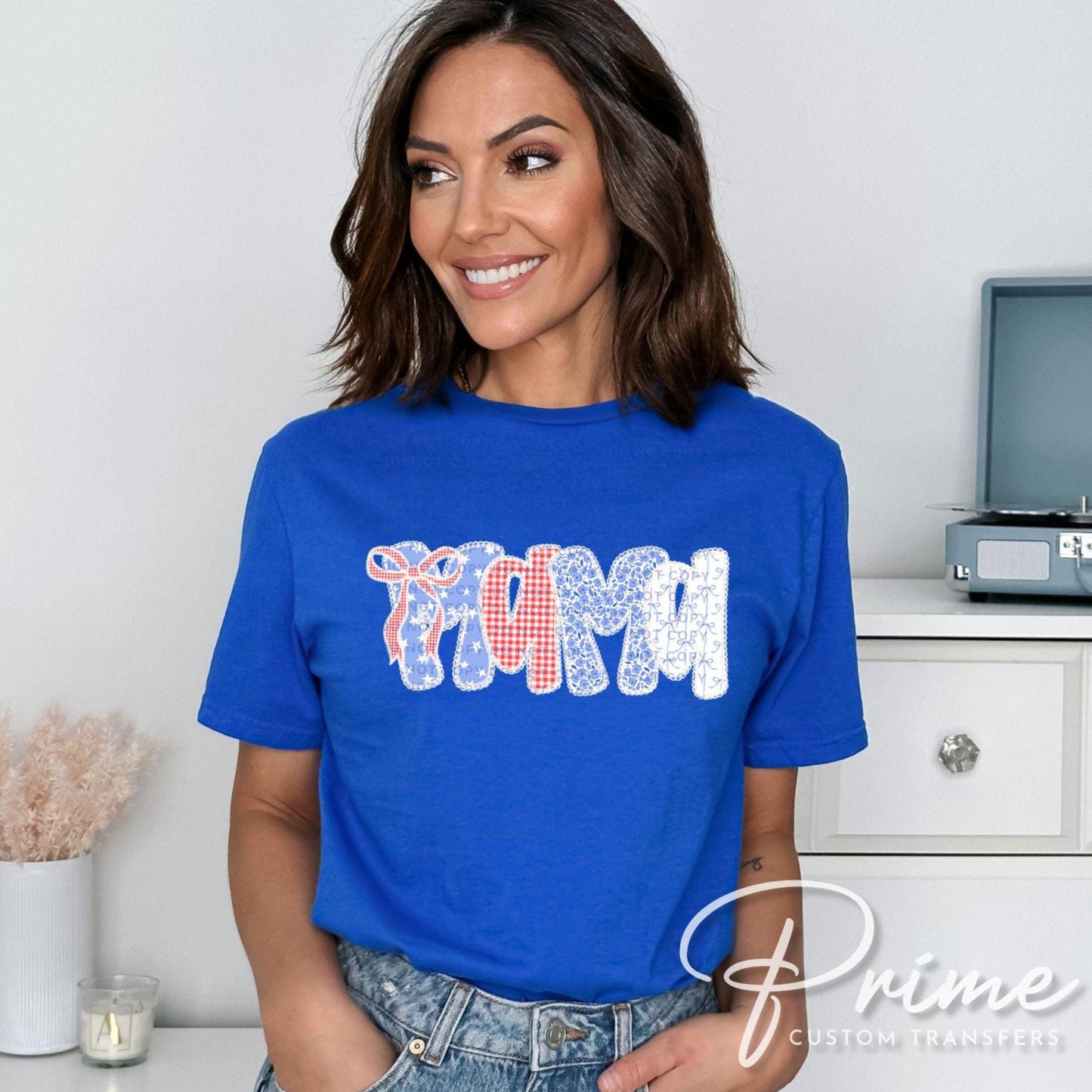 4th of July DTF Transfer, Ready to Press, T-shirt Transfers, Sublimation, Direct to Film, USA, Ribbon, Bows, USA, Coquette Faux Lace Mama