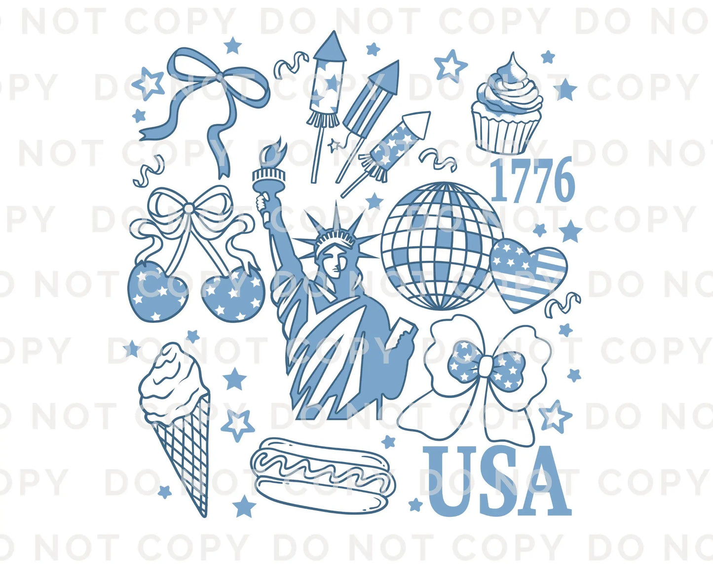 4th of July DTF Transfer, Ready to Press, Sublimation T-shirt Transfer, Direct to Film, Memorial Day, America, Bows, Blue Coquette Collage