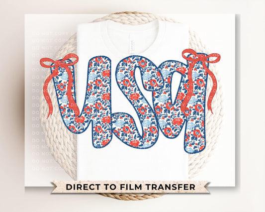 Coquette 4th of July DTF Transfers, Ready to Press, T-shirt Transfers, Sublimation, Direct to Film, USA, Ribbon, Bows, USA Floral Coquette
