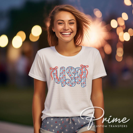 Coquette 4th of July DTF Transfers, Ready to Press, T-shirt Transfers, Sublimation, Direct to Film, USA, Ribbon, Bows, USA Floral Coquette