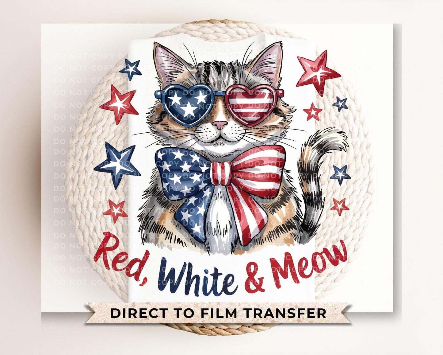 4th of July DTF Transfer, Ready to Press, T-shirt Transfer, Sublimation, Direct to Film, Pet Lover, Patriotic Cat, Coquette America Flag Cat